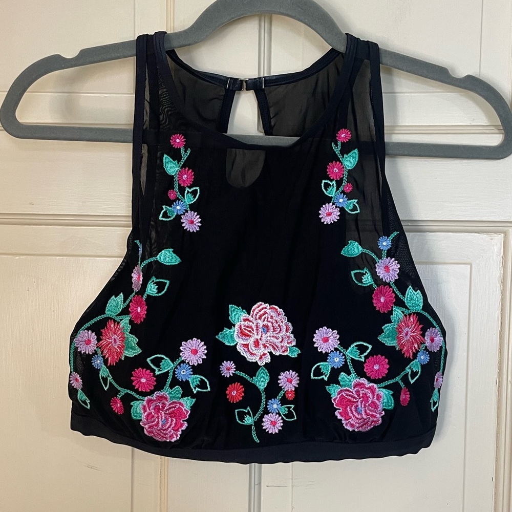 Anne Cole Cropped Halter Tankini Top Color Black Size L Floral Embroidered Beach